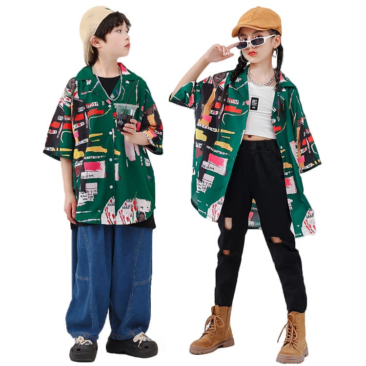 ダ k-pop 衣装 ダンス 女の子 男の子 デニムパンツ カジュアルシャツ 服 キッズ ヒップホップ 子供服 ..