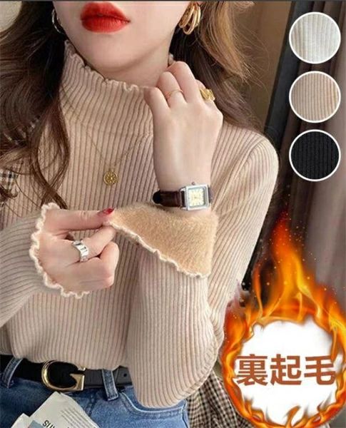 樂天商城 - 秋 長袖 無地 レディース ハイネック フリルネック インナー 暖かい あったか 裏起毛 ニットソー 冬 ニットトップス