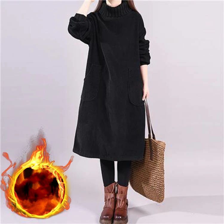カジュアル L ビッグポケット オシャレ XL 無地 2XL チ M チュニックワンピ 切り替え タートルネック ミモレ丈 暖かい 厚手 防寒