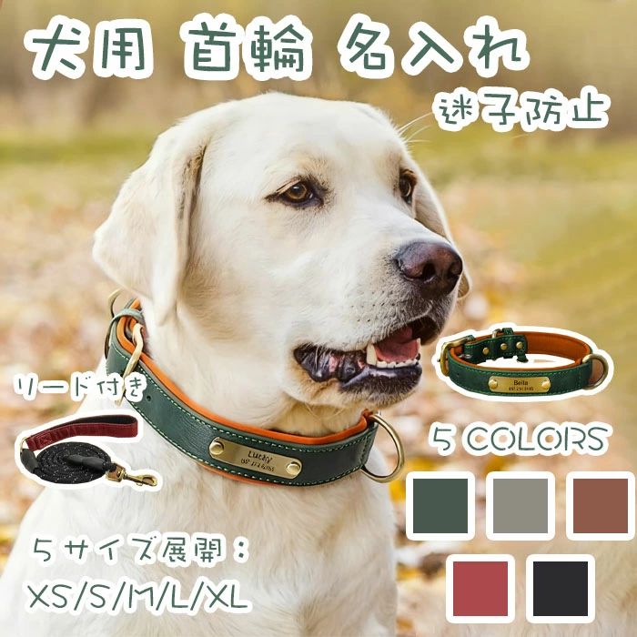 樂天商城 - 犬の首輪 手洗い可能 シンプル 迷子防止 かわいい おしゃれ レーザー彫刻 革製 オーダーメイド 犬用 大型犬 中型犬 小型犬 迷子札 リード付き 名入れ 首輪 【お名前無料彫刻】犬