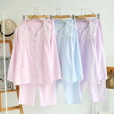 婦人用/旅行用にも 春秋冬女性 綿100% 前開き レース プラム刺繍 二重ガーゼ ルームウェア レディース上下セット長袖