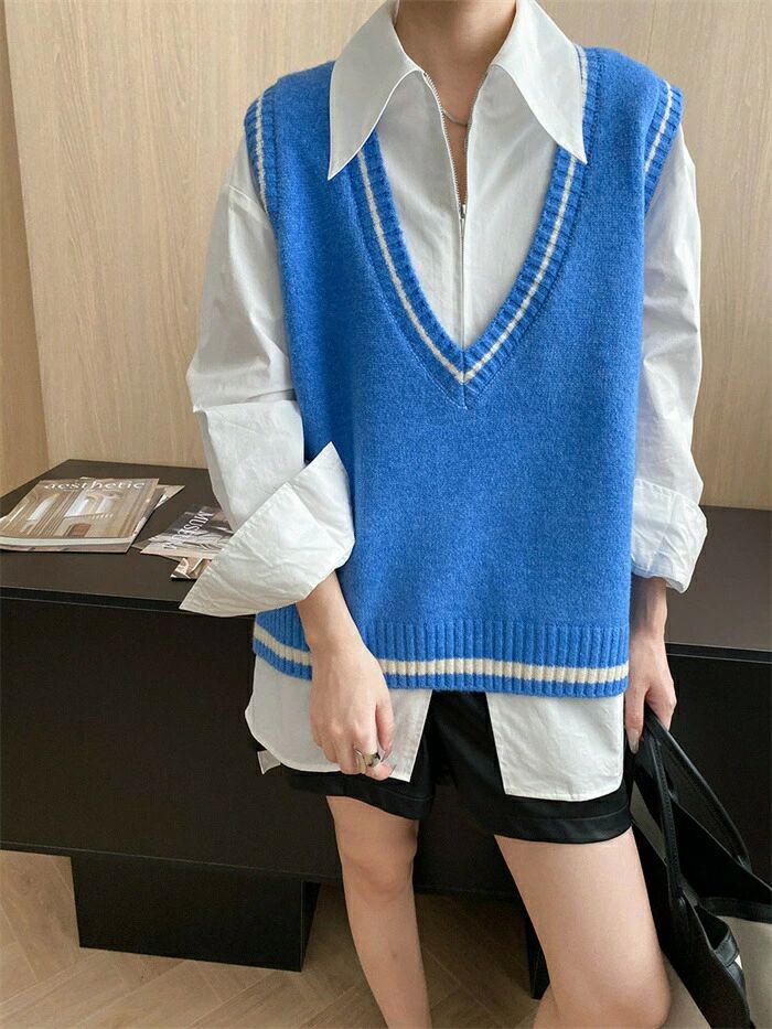 Rakuten - ベスト vネック レディース ニット トップス スクールベスト 無地 重ね着 ノースリーブ レイヤード プルオーバー ゆったり お洒