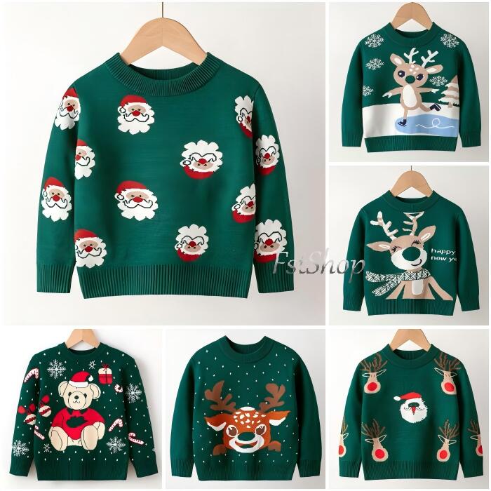Crew Neck - カットソー子供服ニットソ ニットウェア クリスマス風トップス秋冬クリスマスパーティー クルーネック キッズ女の子プルオーバー