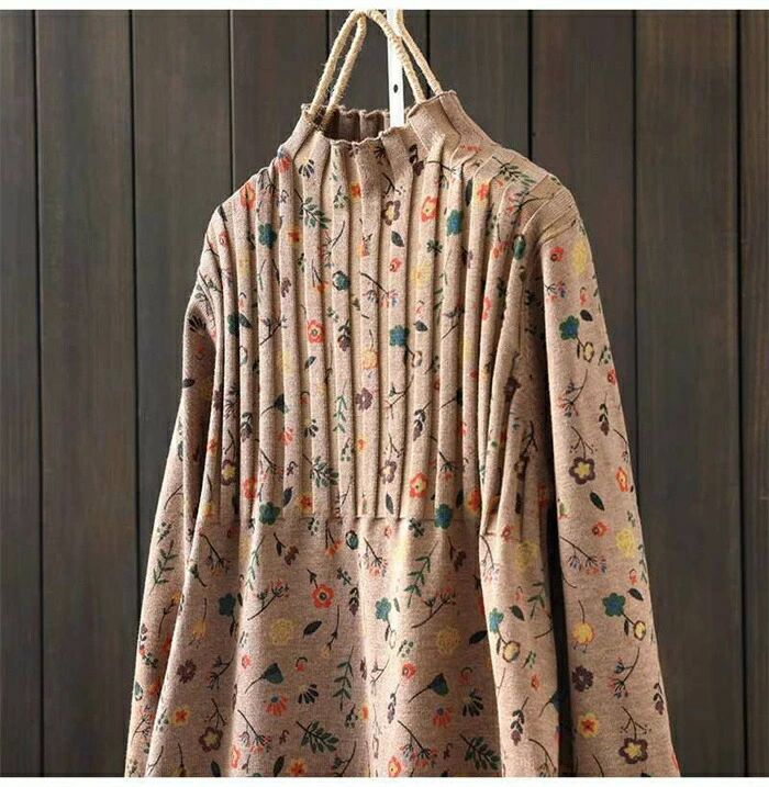 インナー 冬 秋 春 ストレッチ キレイめ 花柄 プルオーバー ニット ハイネック 長袖 セーター 秋冬 レディース ニットカットソー