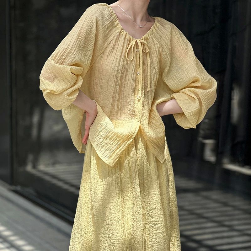 き 紫外線対策 着痩せ ゆったり 体型カバー ギャザー付き トップス ドローストリングデザイン セットアップ 2点セット スカート