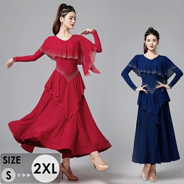 ワル 長袖 豪華 舞台 広がる ワンピース フリル 長袖 パーティー ドレス スタンダード 競技着 練習着 ..