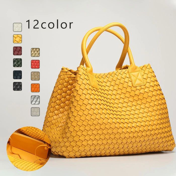 レディース PUレザー ハンドメイドバッグ 編み込みトートバッグ メッシュトートバッグ イントレチャート 編みバッグ 編みこみ メ(4)