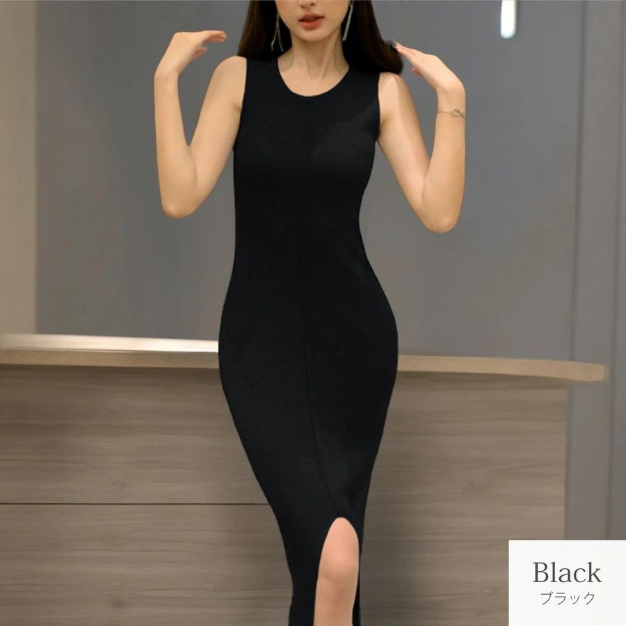 送料無料 5009 韓国 夏服 春服 フリーサイズ ラウンドネック ロング タイト ライン スリット ノースリーブ ワンピース