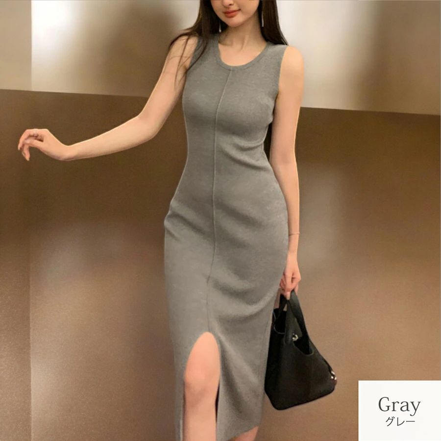 送料無料 5009 韓国 夏服 春服 フリーサイズ ラウンドネック ロング タイト ライン スリット ノースリーブ ワンピース