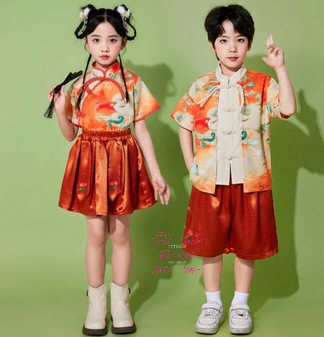 古風ハロウィン 子ども服 チャイナ服 唐装 チャイナ風 男の子トップス/スカート/パンツ中国宮廷風 女の子 キッズ 漢服2点セット