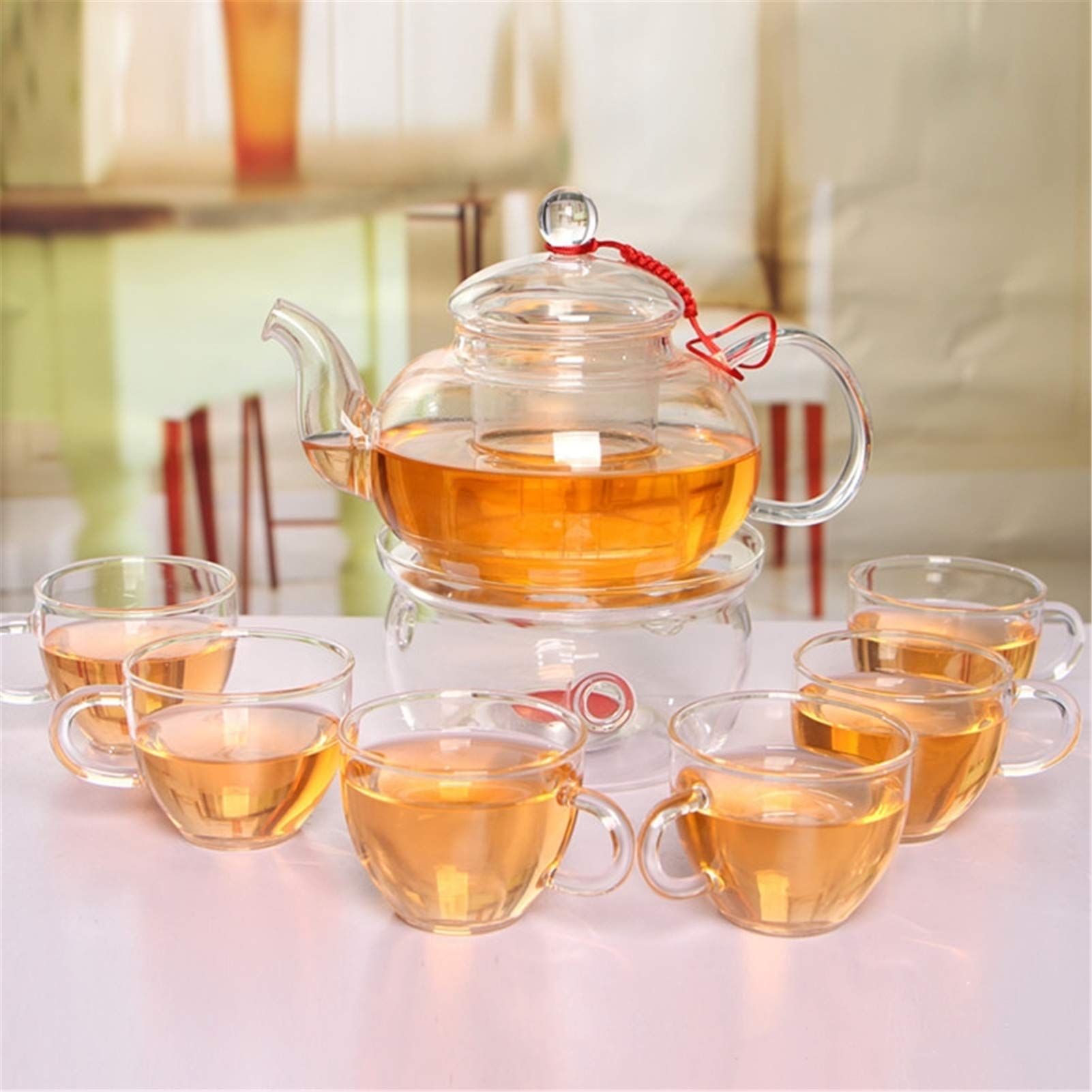 ハーブティーポット 保温 茶ポット 直火可 湯呑み 急須 円型ウォーマー付き 透明 8点セット ティーカップ 茶こし付き 耐熱ガラス