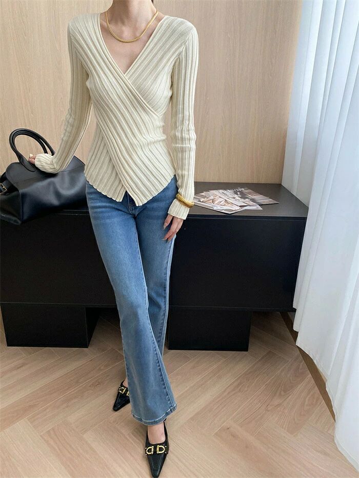 リブニット トップス レディース ニットトップス リブ vネック 長袖 カットソー 無地 きれいめ デザイン感 着?せ 柔らかい 重ね