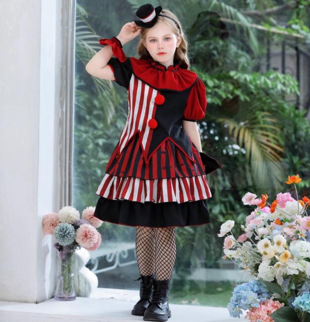 演劇ドレス子供用コスチューム女の子Ha 文化祭 キャラクター 5点セット 子供ピエロ 衣装スカート ハロウィン キッズ子供コスプレ