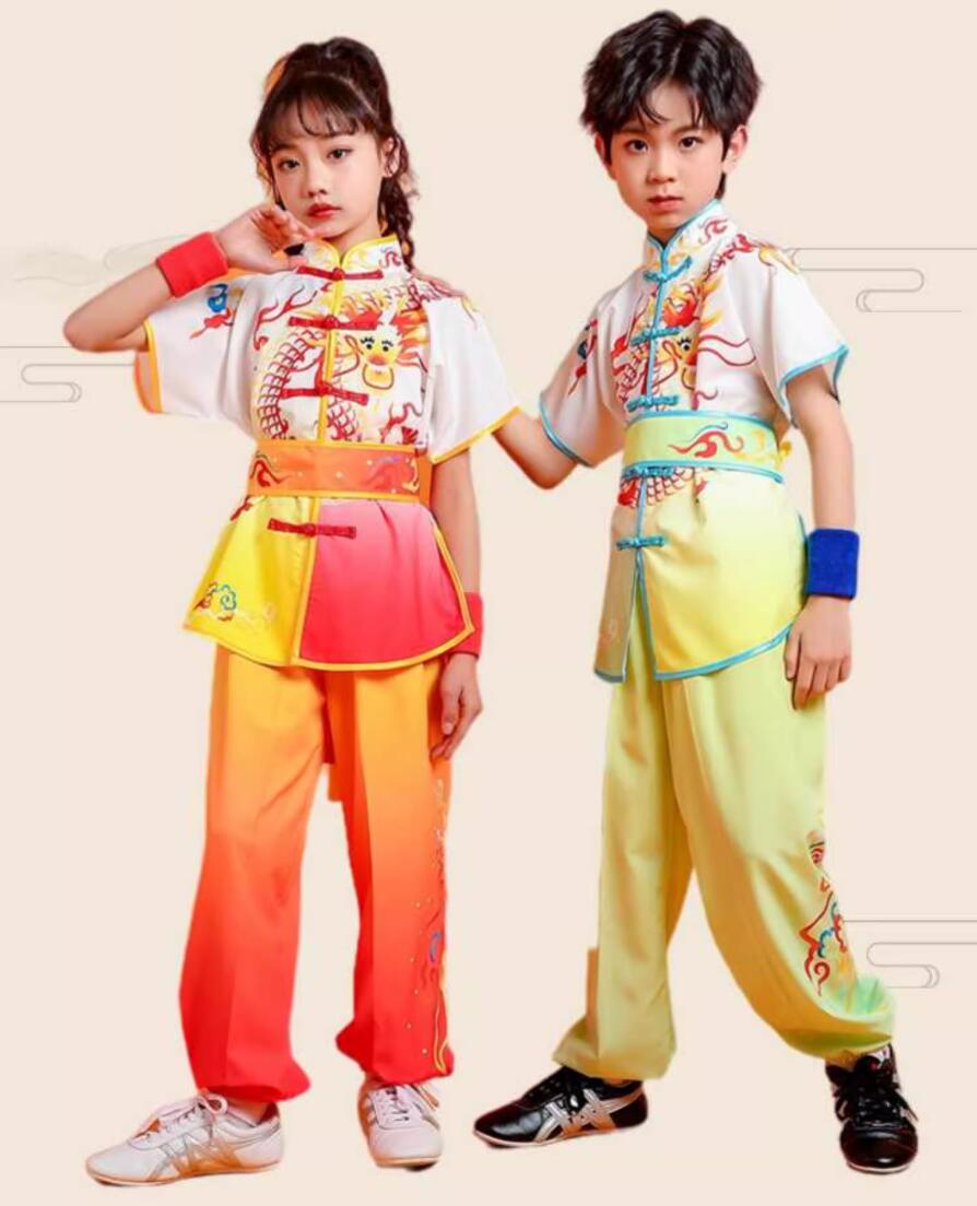 太極 男の子 女の子 男女兼用 公演服 気功 武術衣装 半袖 上下セット 太極拳ウェア 龍柄 グラデーション 子供用太極拳服 演武用
