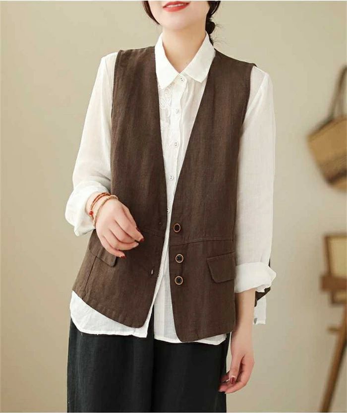 綿麻ベスト ジレベスト レディース ジレ トップス ノースリーブ 綿麻 前開き 大きいサイズ レトロ ゆったり 体型カバー おしゃれ