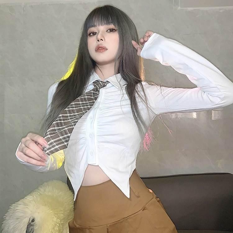かわいい ショート丈 長袖 秋 春 トップス スクール風 制服風 肌見せ へそ出し ミニ丈 ネクタイ 黒 白 ..