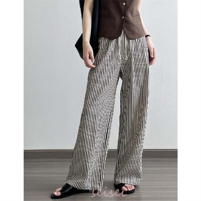 おしゃれ 体型カバー ストライプ柄 ワイドパンツ ロング丈 ワイド パンツ ボトムス ワイドパンツ 夏 レディース