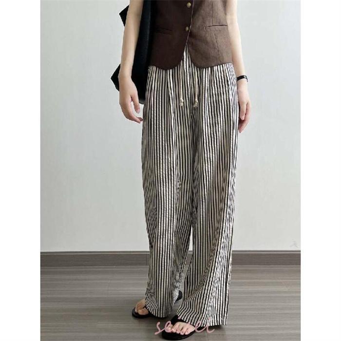 おしゃれ 体型カバー ストライプ柄 ワイドパンツ ロング丈 ワイド パンツ ボトムス ワイドパンツ 夏 レディース