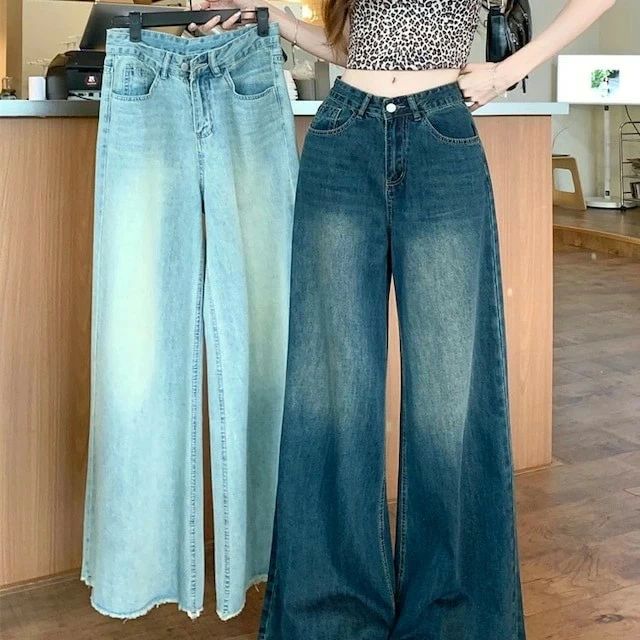 韓国ファッ かわいい おしゃれ 水色 夏 ウォッシュ加工 細見え 脚長効果 美脚効果 ハイウエスト フレア ワイド ジーンズ デニム