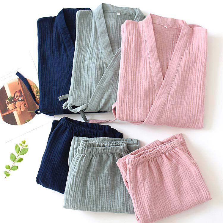 襟付 薄手 じんべい 2点セット ロング丈 上下セット 七分袖 カップル サマー ガーゼコットン 綿 レディース メンズ セットアップ