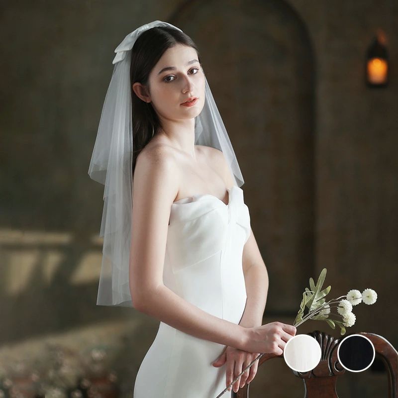 髪 可愛い 二層 ウェディング ショートベール 2層 リボン付き コーム付き ブラック ホワイト ウエディ..