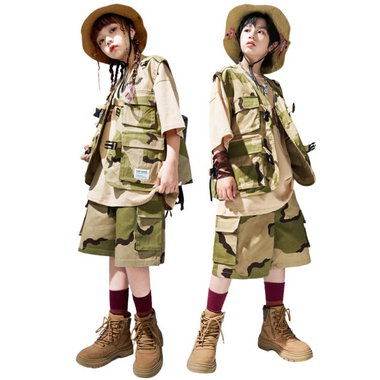 キッズダン ヒップホップ 迷彩柄 グリーン カーキ ショーツ Tシャツ ベスト 単品 ヒップホップ セットアップ キッズ 衣装 ダンス