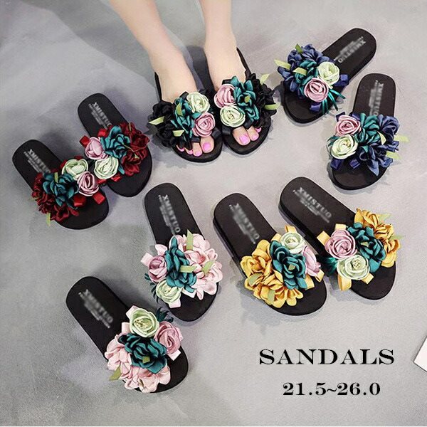 美脚 カジュアル 夏 サマー 花飾り ヒールサンダル レディース ウエッジソール リゾートサンダル ビーチ ミュール 厚底 サンダル