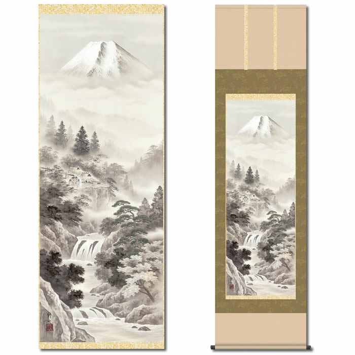 掛け軸【山水画：富士閑景/B2-039】丈190cm×幅54.5cm(尺五)作家（江本修山）　[掛け軸販売/床の間　飾り/掛軸/山水画/富士山]【送料無料】即納【あす楽対応】