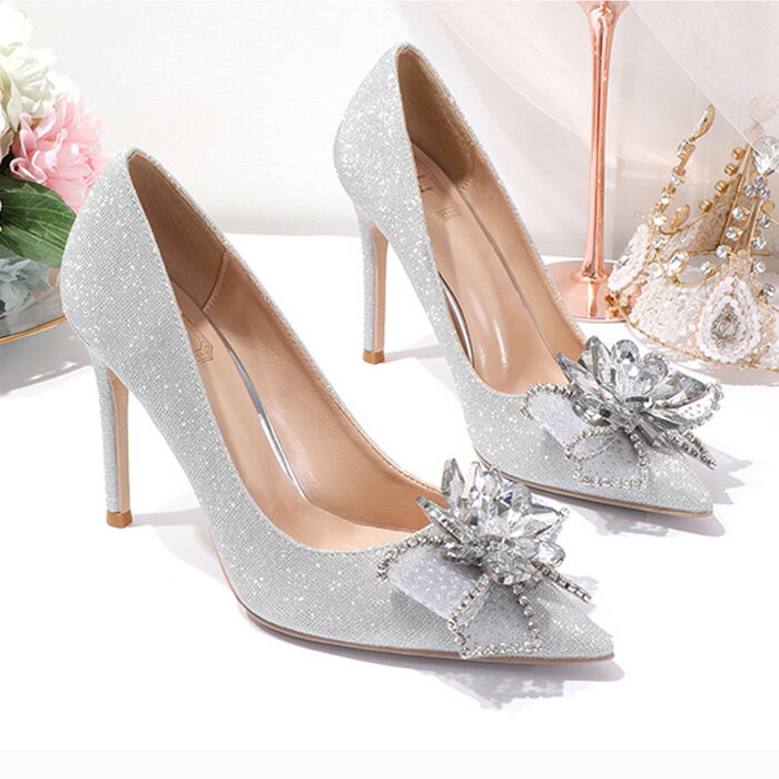 Rakuten - パンプス ポインテッドトゥ ラインストーン ラメ グリッター シルバー 6cm 8cm 10cm 21.5cm 25cm 小さいサイズ 大きいサイズ