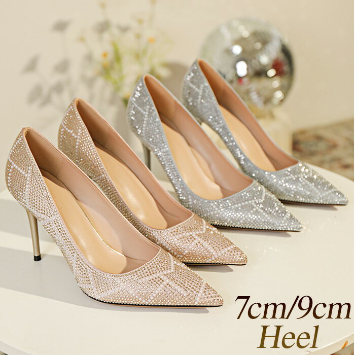 Rakuten - パンプス ポインテッドトゥ ラインストーン シルバー ゴールド 7cm 9cm 21.5cm 小さいサイズ 大きいサイズ