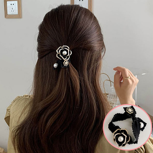 Rakuten - ヘアアクセサリー ヘアゴム 髪飾り バラ 薔薇 パール サテン リボン ヘアアレンジ ブラック 送料無料 メール便