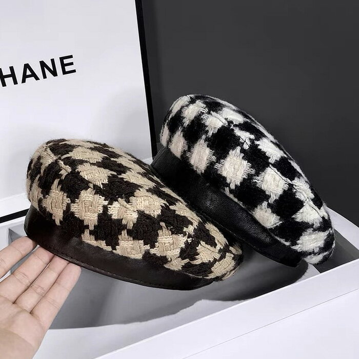 帽子 ベレー帽 レディース 千鳥格子 チェック 可愛い おしゃれ レザー 送料無料 メール便
