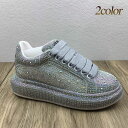 スリッポン スニーカー レディース ラインストーン キラキラ カジュアルシューズ レースアップ 紐なし ブラック シルバー 送料無料