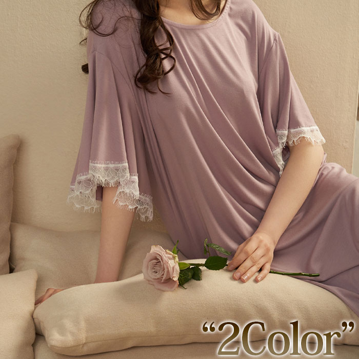 ルームウエア 部屋着 パジャマ ナイトウエア ワンピース 半袖 フレアスリーブ 涼しい リラックス かわ..