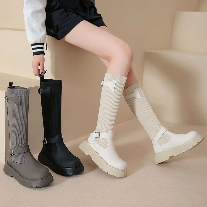 ブーツ レディース ソックスブーツ ニット ラウンドトゥ ミドルヒール5cm ストレッチブーツ 歩きやすい フラットソール 秋冬ブーツ 送料無料