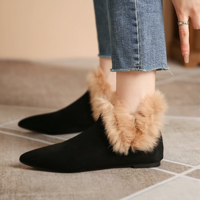 ブーツ レディース ショート フェイクファー もこもこブーツ フラットソール スエード調 ポインテッドトゥ 大人 おしゃれ 送料無料のサムネイル