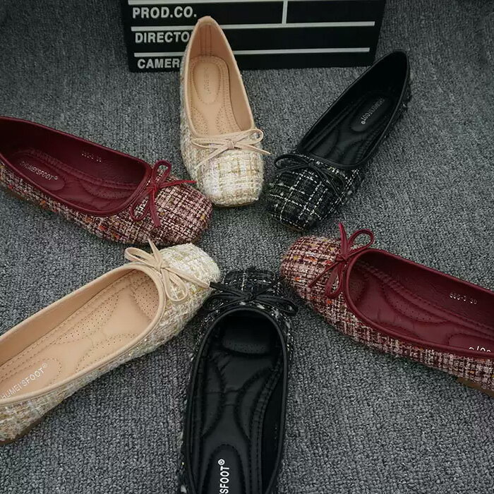 バレエシューズ スクエアトゥ シンプル リボン フラットパンプス ツイード チェック ブラック ベージュ..