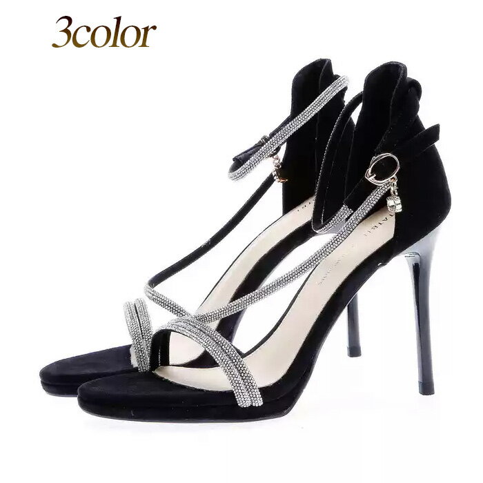 パンプス レディース オープントゥ サンダル アンクルストラップ ラインストーン ハイヒール スエード PU 美脚