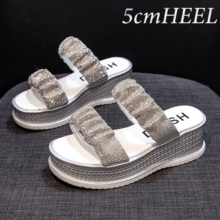 サンダル レディース キラキラ ラインストーン スライドサンダル フラット 厚底ソール 5cmソール 送料..