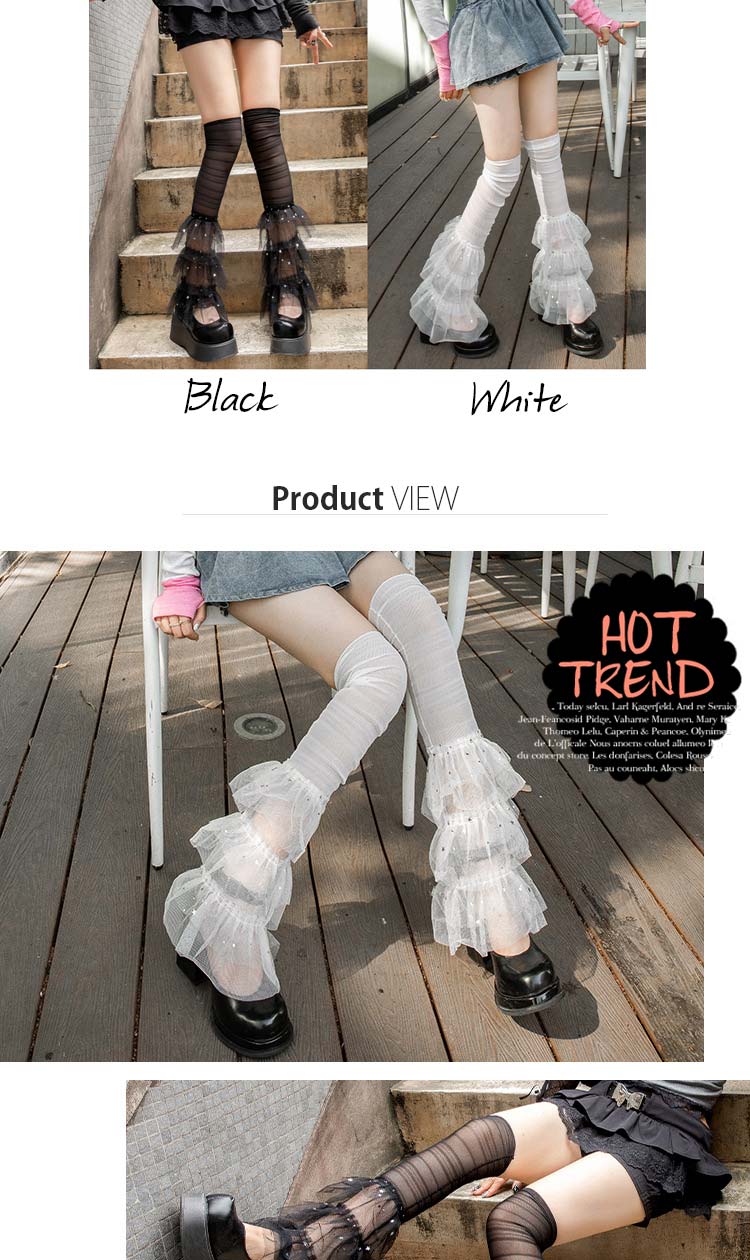 レッグウォーマー レース フリル ティアード レディース 透け感 シアー ルーズソックス風 ニーハイ ロリータ 地雷系 量産型 Y2K サブカル チュール メッシュ レッグカバー 足首カバー 華やか 可愛い おしゃれ 3段フリル 送料無料