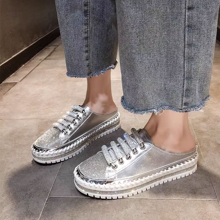 スリッポン レディース ハーフスリッポン ラインストーン キラキラ かわいい サイドゴア シルバー ブラ..