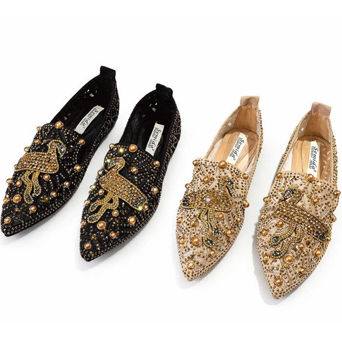 Rakuten - スリッポン パンプス ポインテッドトゥ キラキラ ラインストーン スパンコール ブラック ベージュ 送料無料 ローヒール