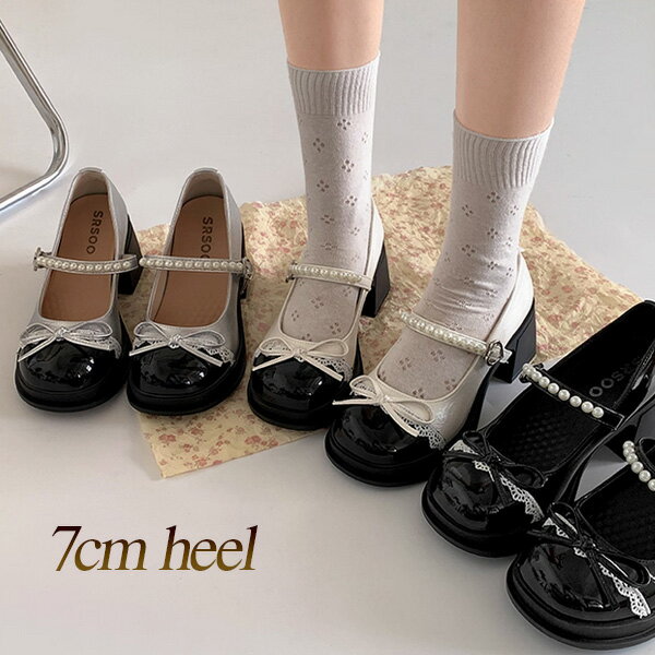 メリージェーン レディース スリッポン 華やか パールストラップ エナメル 可愛い 推し活 ホワイトコンビ シルバーコンビ ブラック 約7cm 歩きやすい 秋冬春