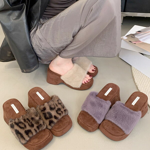 サンダル レディース 厚底 ファー フラットソール 歩きやすい 秋冬新作 脚長 スタイルアップ【6cm 身長UP】