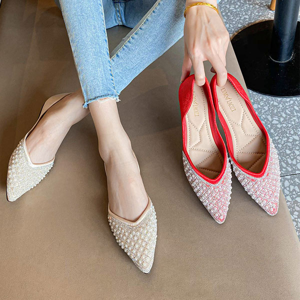 フラットシューズ バレエシューズ アーモンドトゥ キラキラ ストーン ローヒール レッド アプリコット ..