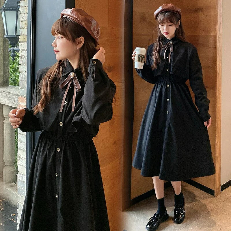 レトロ お嬢様 ワンピ ワンピース ロリータ ゴスロリ コスプレ 制服 イベント ハロウィン ステージ衣装 アイドル衣装 コスチューム 衣装 可愛いブラウンチェック系 異素材バイカラーチエック柄切替長袖ワンピース M L 2L 3L サイズのサムネイル