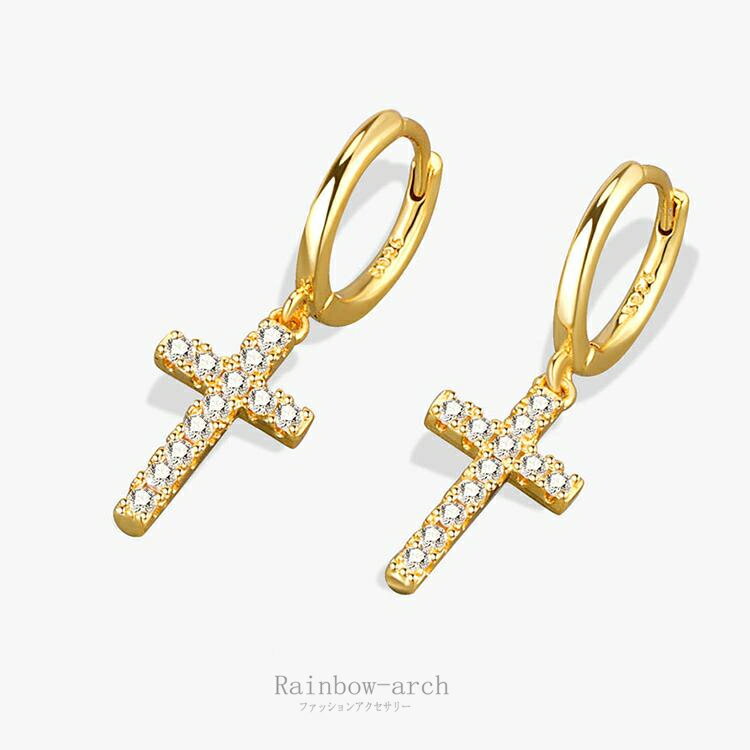 フープピアス レディース メンズ 十字架 クロス リング 2色 キュービックジルコニア スクリュー 男女兼用 韓国ファッション プレゼント