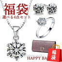 福袋 ジュエリー 4点セット ネックレス ピアス 指輪 本革財布 一粒ダイヤ 大粒 プラチナ仕上げ シルバー925 人気 母の日ギフト