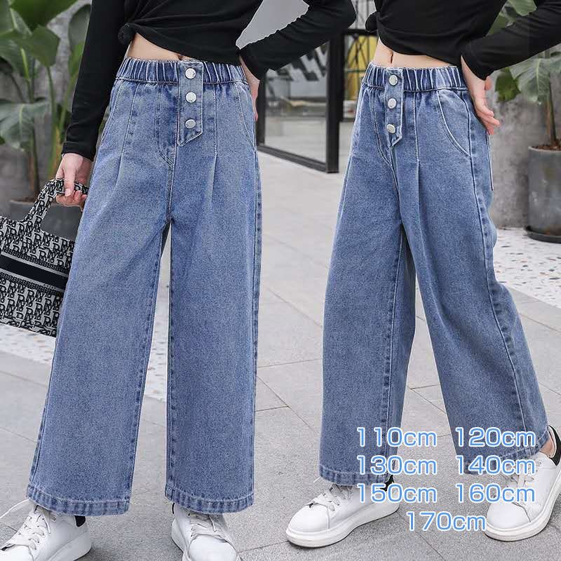 キッズ　女の子　ボトムス　ストレートパンツ　春夏秋　デニム　9分丈　ブルー　シンプル　カジュアル..