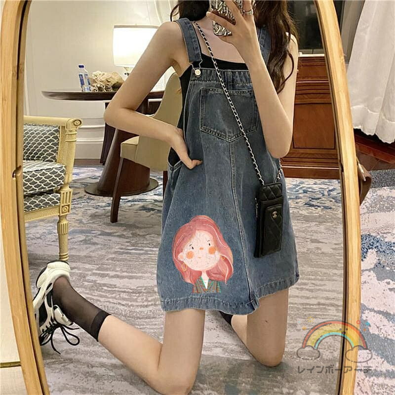 スカート ワンピース サロペット ガールズ柄　デニム オーバーオール ワンピース レディース デニム サロペット 無地 スカート ロング ハイウエスト オールインワン チュールドッキング チュールスカート 体型カバー レイヤード風 重ね着